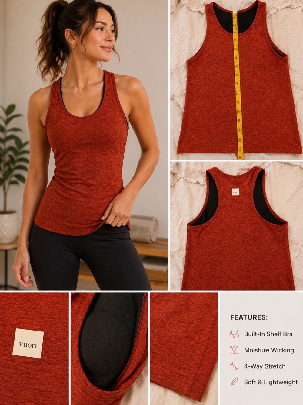 Vuori Rust Heathered Performance Tank with Built-In Shelf Bra | S Estimated